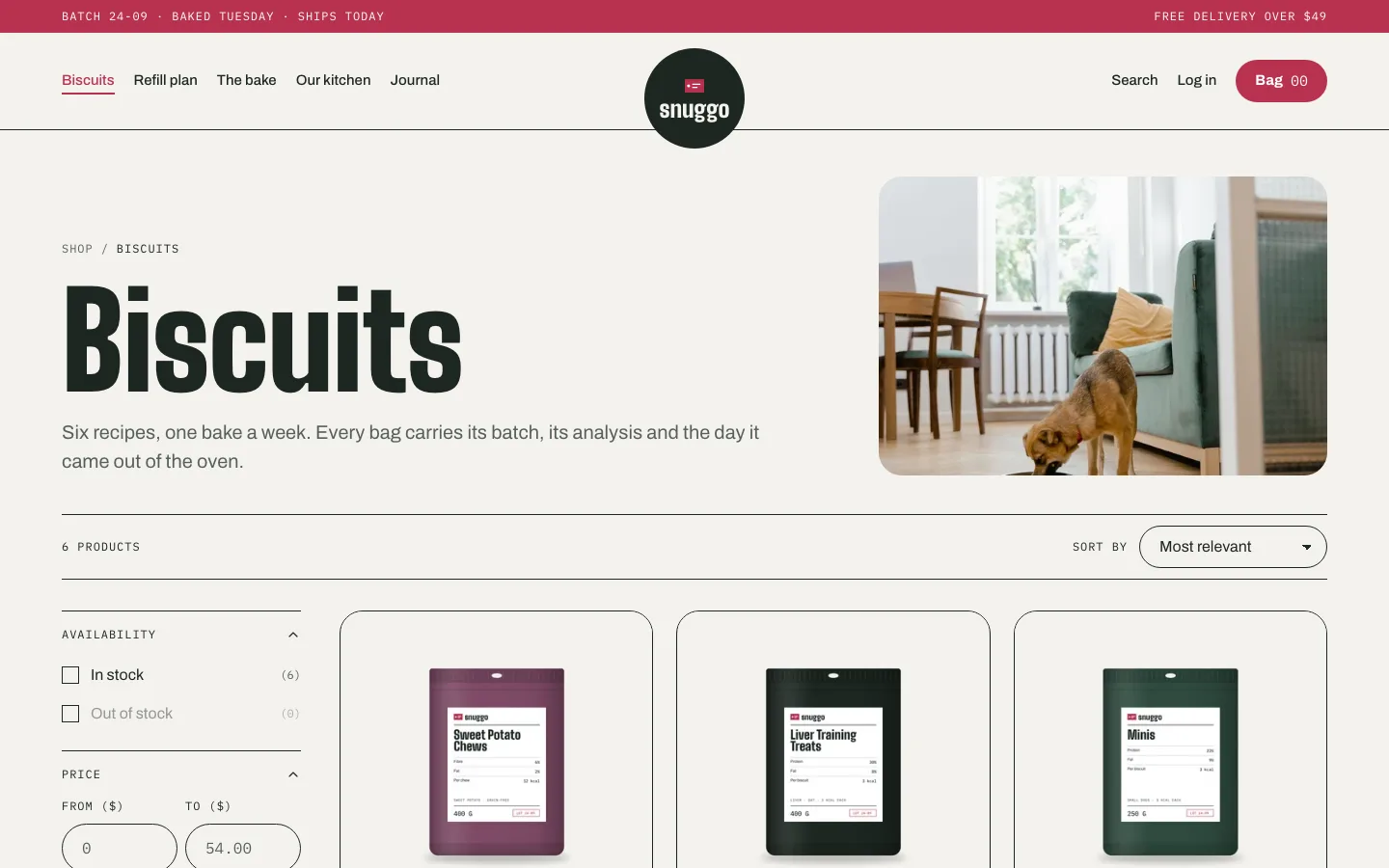 Biscuits collection with a sidebar of filters and a grid of product cards.